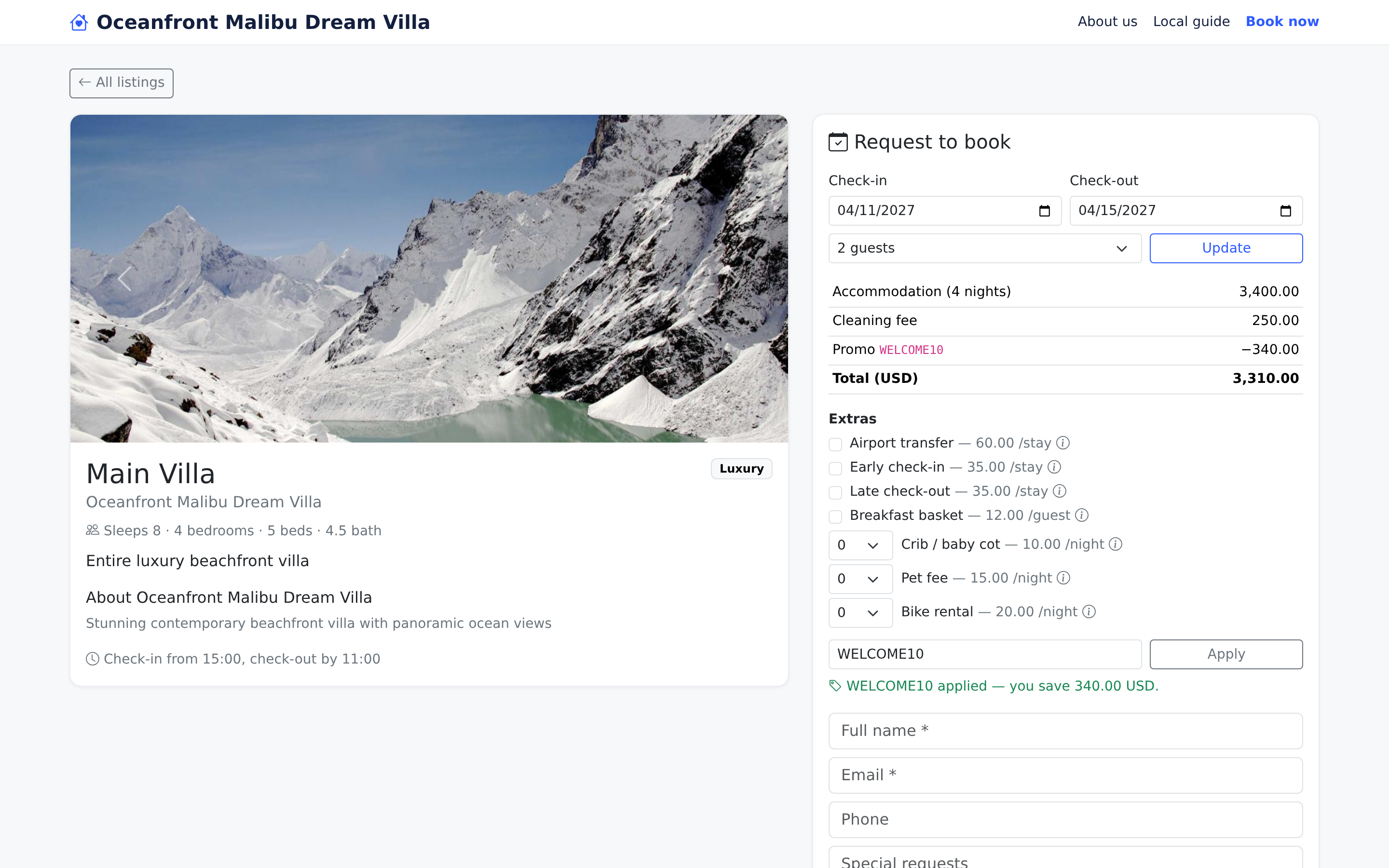 Direct booking page with promo code and extras